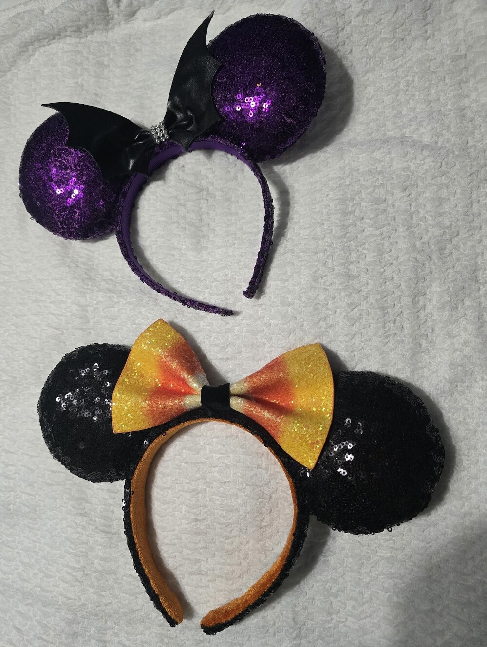 Sequin Halloween Minnie Ear Headbands - Purple & Black with Orange Bow